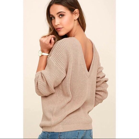 NWT Lulu’s island ferry taupe open back v-neck sweater Sz L - Picture 1 of 7